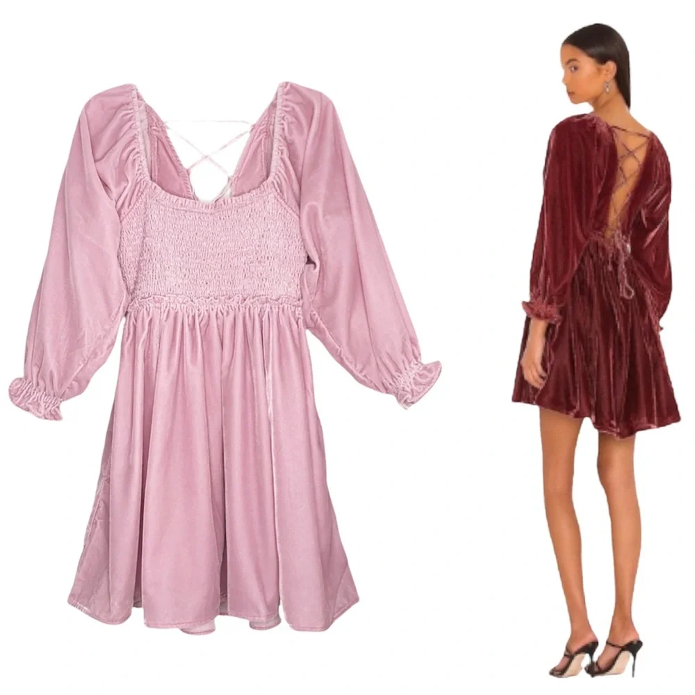 Free People Daphne Velvet Sleeve mini Dress Balloon ruffle sleeves blush pink - Picture 1 of 13